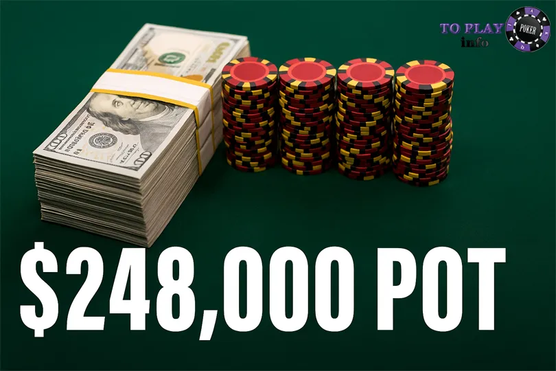 Poker pot with $248,000 in chips and cash on the table