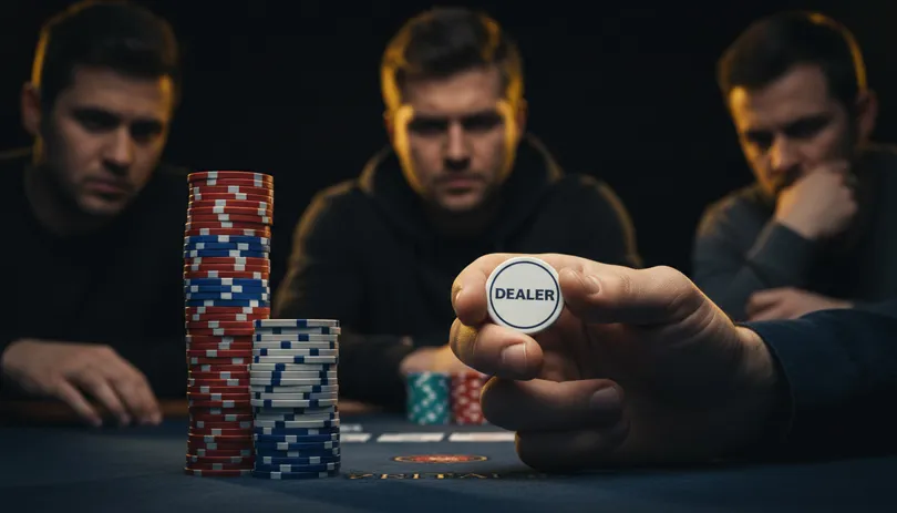 Why the Button is King: Positional Advantage Player holding the dealer button chip representing the positional advantage and control in poker