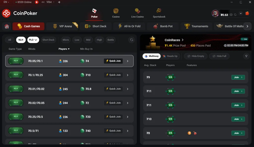 Main lobby of CoinPoker displaying cash games tab