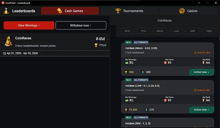 Players can track their CoinRaces leaderboard progress directly in the client