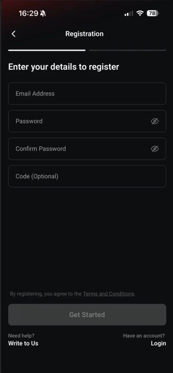 The CoinPoker registration form as it appears on iPhone mobile application