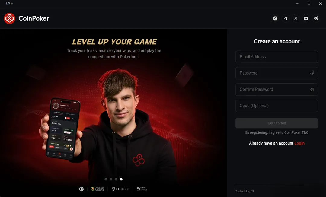 CoinPoker 2026 Create an account screen with email and password fields