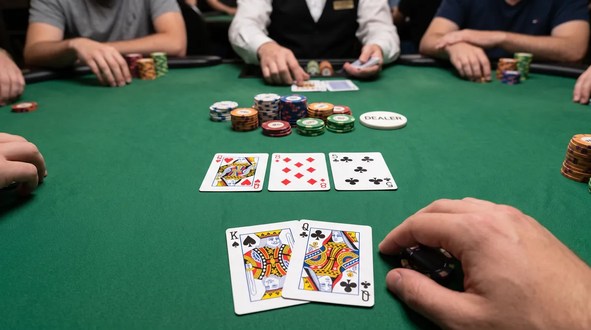 Poker player evaluating KQ top pair on a Qh 8d 5c flop in a 6-max cash game