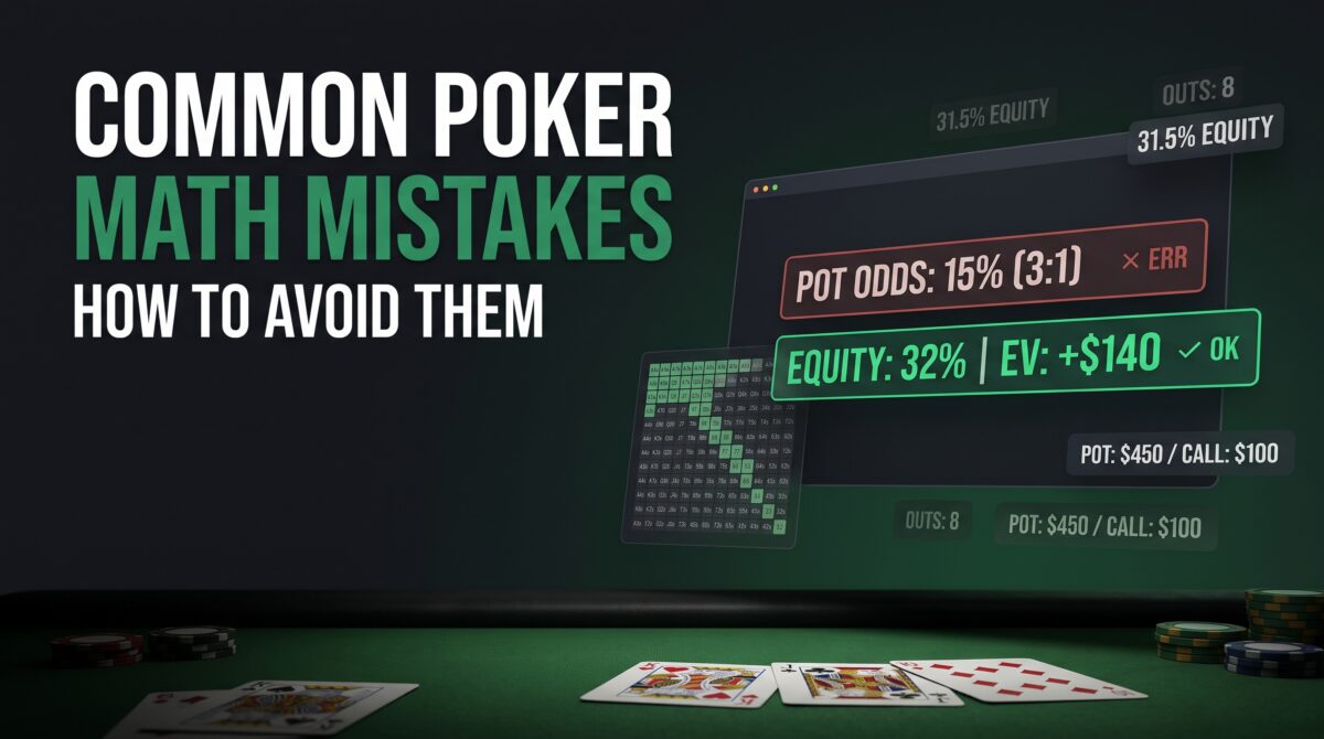Professional poker table setup illustrating common poker math mistakes with pot odds calculations and playing cards. • Image Title: Common Poker Math Mistakes and How to Avoid Them