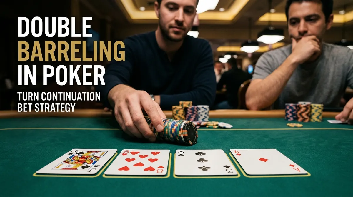 A focused poker player firing a second barrel on the turn across green felt