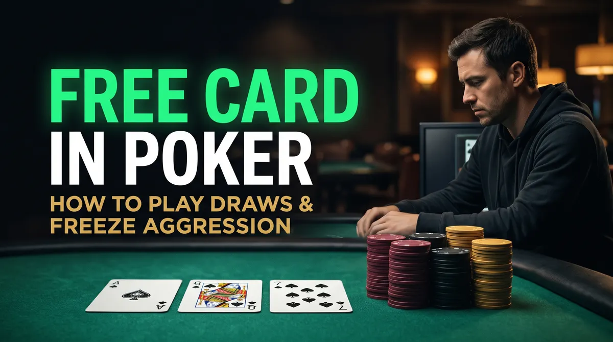 Close-up of a poker player checking on the flop to execute a free card poker strategy at a green felt table