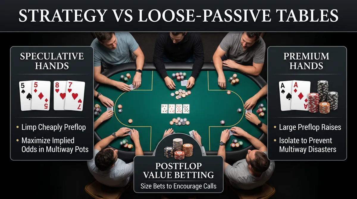 Strategy infographic for loose-passive poker tables showing speculative hands and premium pair adjustments