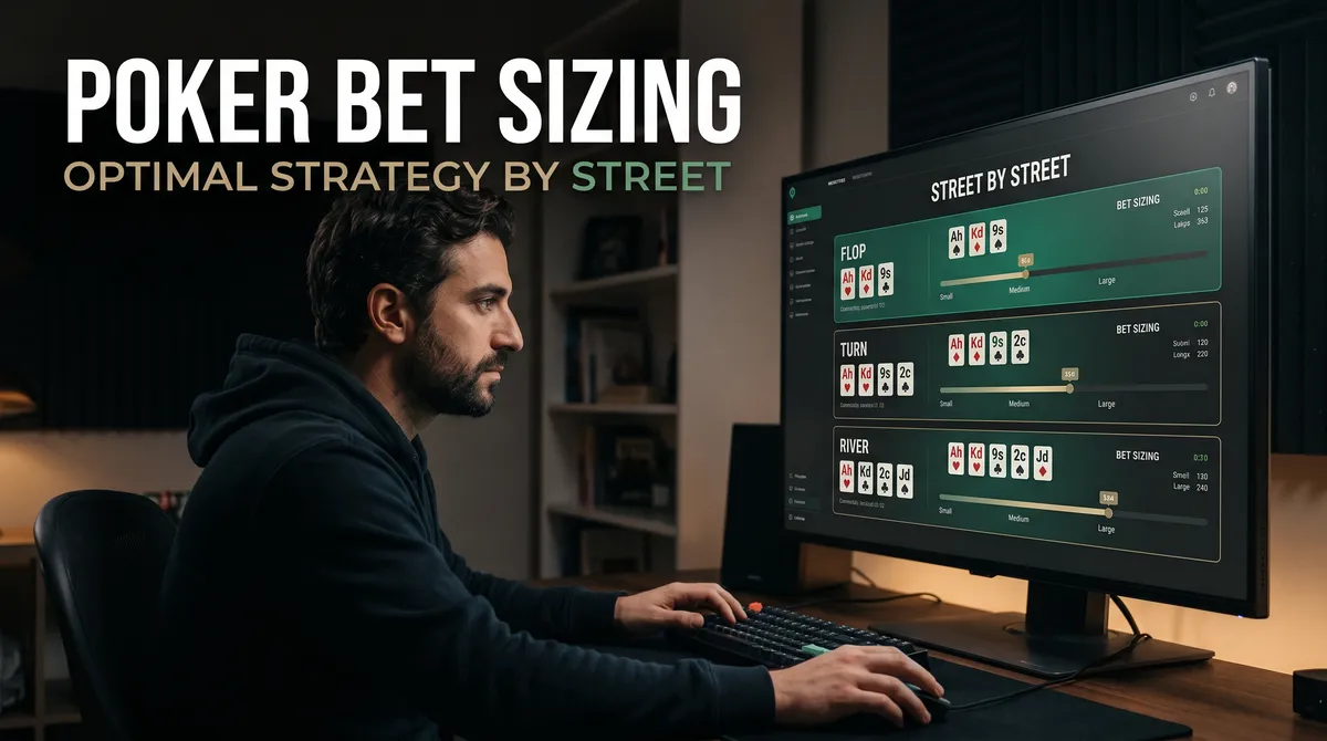 Poker bet sizing strategy guide showing chip stacks and percentage bets on a felt table