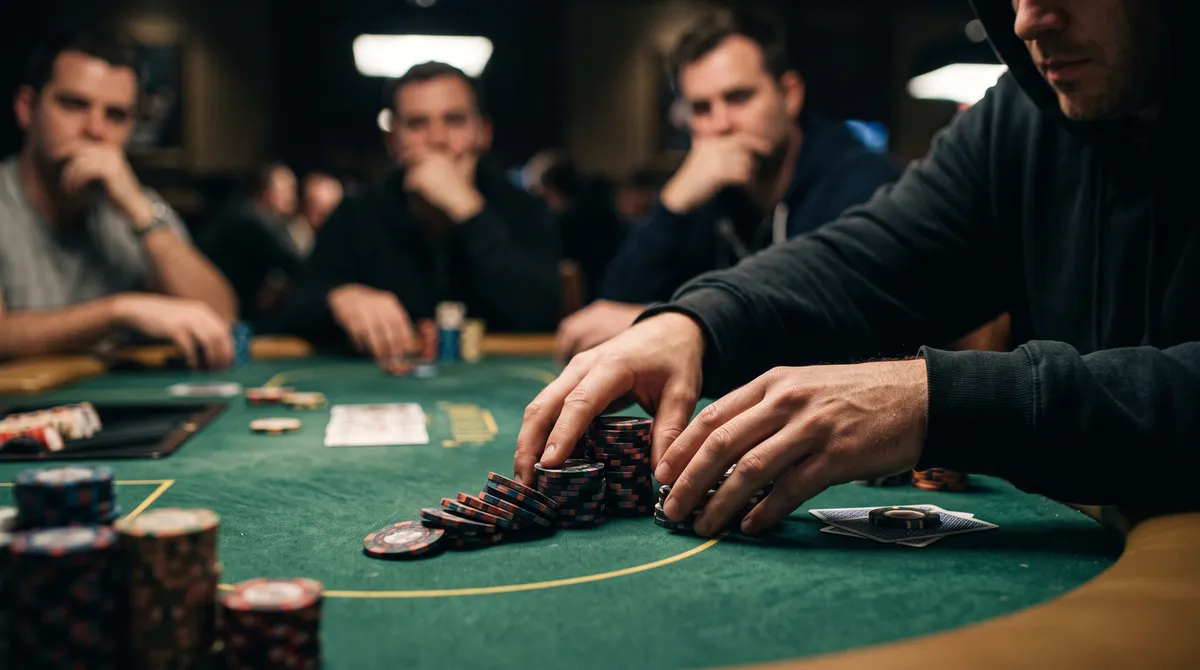 Professional poker player making a confident bluff chip bet at a high stakes table
