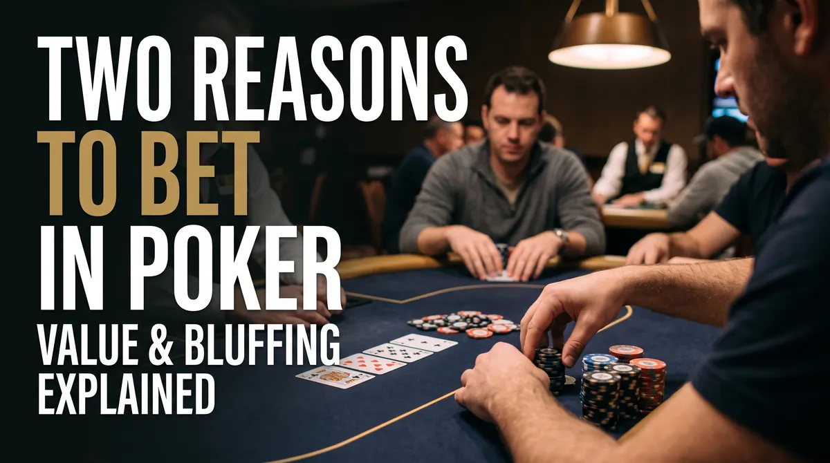 A focused poker player pushing chips forward on a felt table illustrating the reasons to bet in poker