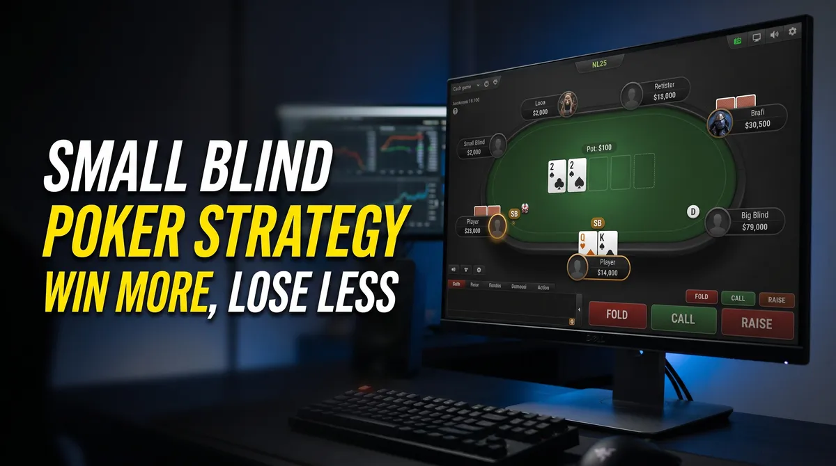 Professional poker player calculating decisions from the small blind position at a live table.
