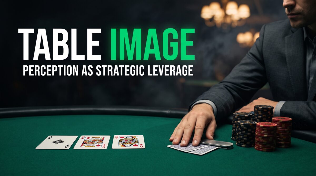Alt: High-stakes poker player cultivating a calculated table image at a green felt table