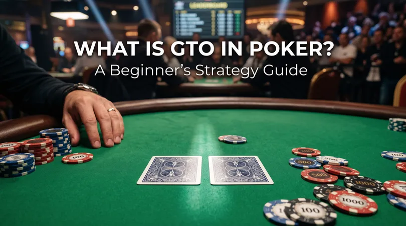 Close-up of a professional poker table with cards and chips, illustrating what is GTO in poker strategy.
